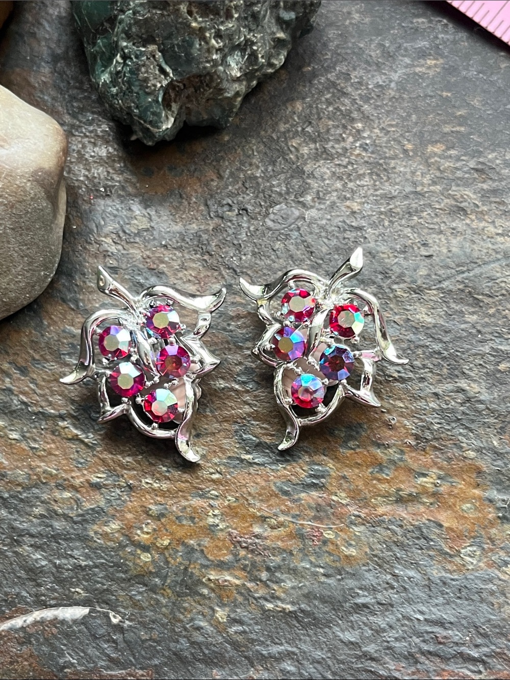 Sarah Coventry Silver-Tone Earrings with Fuchsia Aurora Stones